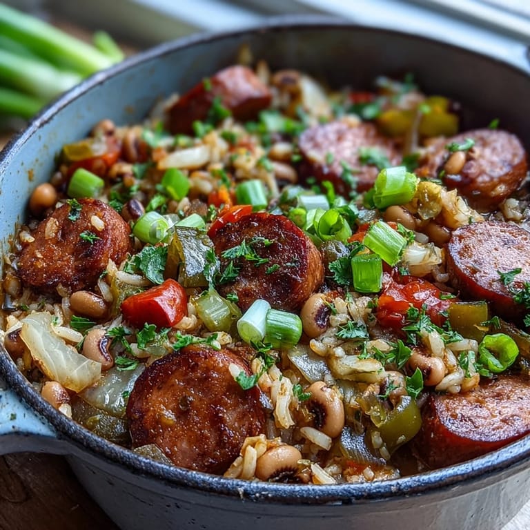 Homemade Black-Eyed Pea Jambalaya garnished with fresh parsley and green onions in a Dutch oven