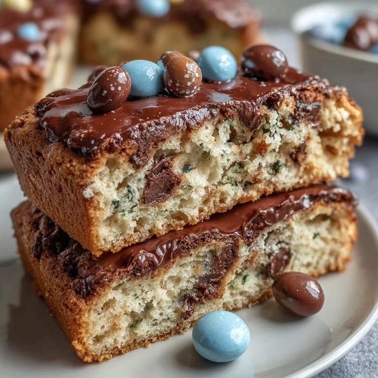 Close-up of several stacked Cadbury Egg Cookie Bars showing the colorful candy centers and soft cookie texture.