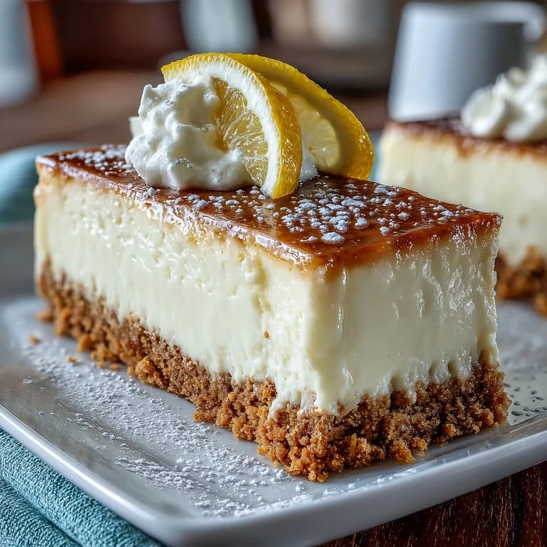 Refreshing lemon cheesecake bars with tangy limoncello liqueur and crisp graham cracker base, perfect for picnics or afternoon treats.