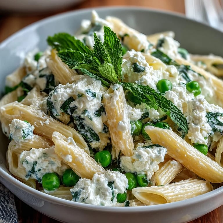 Close-up of pea and ricotta pasta with mint, showing vibrant green peas nestled in a bed of creamy ricotta sauce, topped with Parmesan and mint.