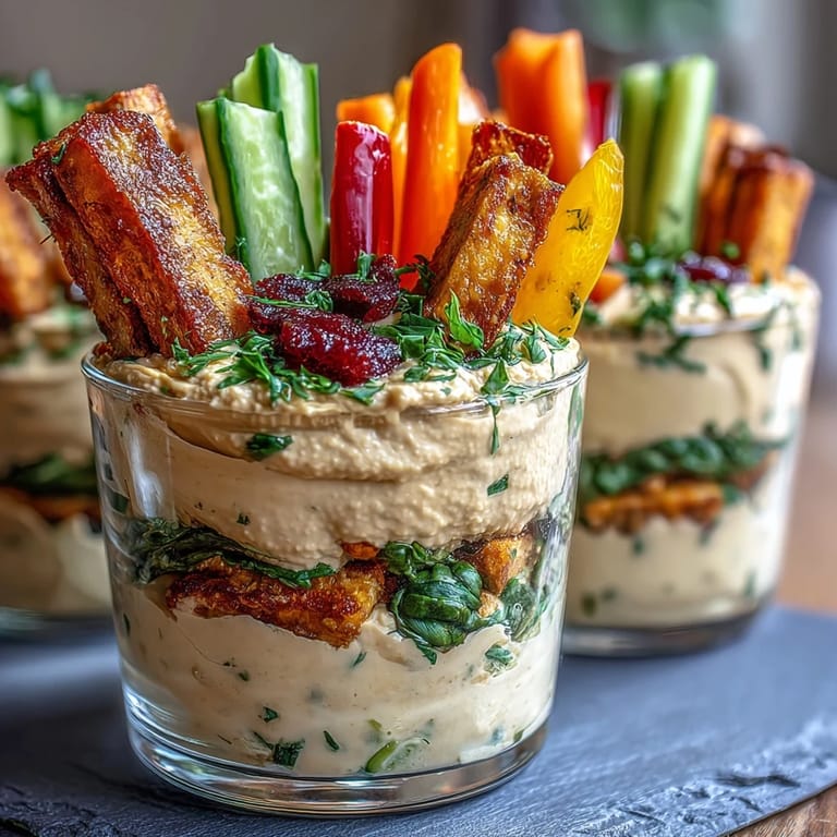Fresh vegetable sticks standing upright in creamy hummus snack cups for dipping
