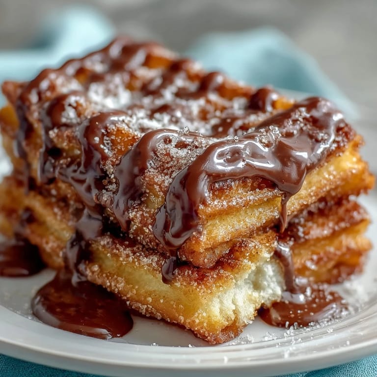 Bite-sized churros with a light, fluffy center, rolled in cinnamon sugar, and paired with a smooth, glossy chocolate sauce for a festive dessert.