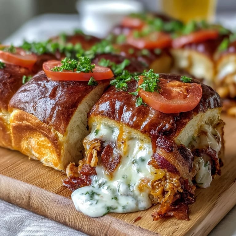 Golden brioche sliders filled with turkey, bacon, and rich Mornay sauce, baked until warm and bubbling with melted cheese.