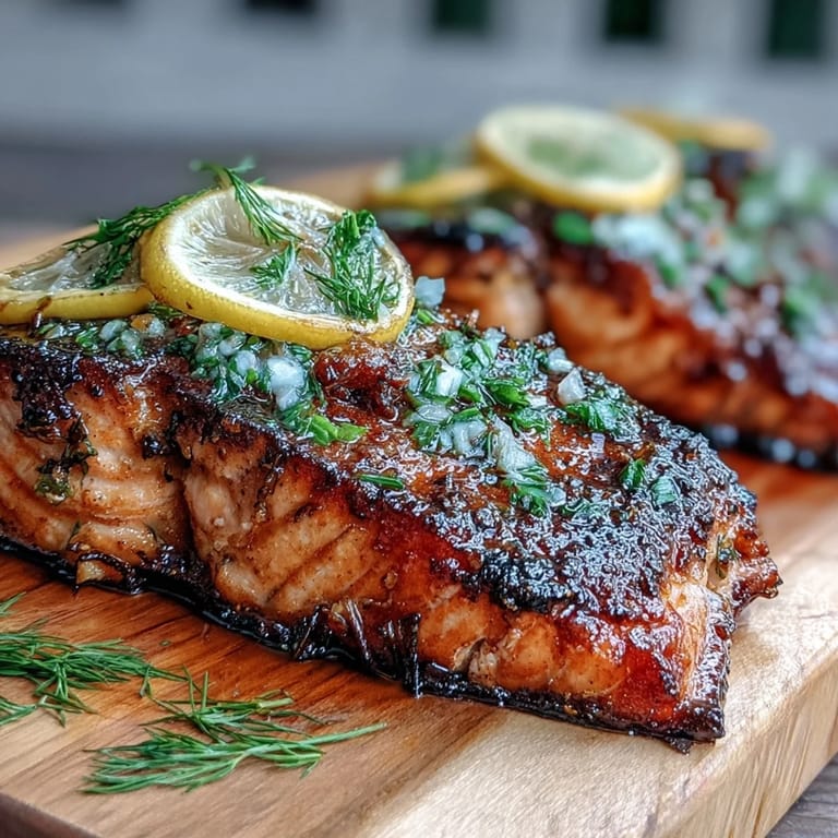 Aromatic cedar plank salmon, infused with zesty lemon and dill, served with lemon slices on a rustic platter.