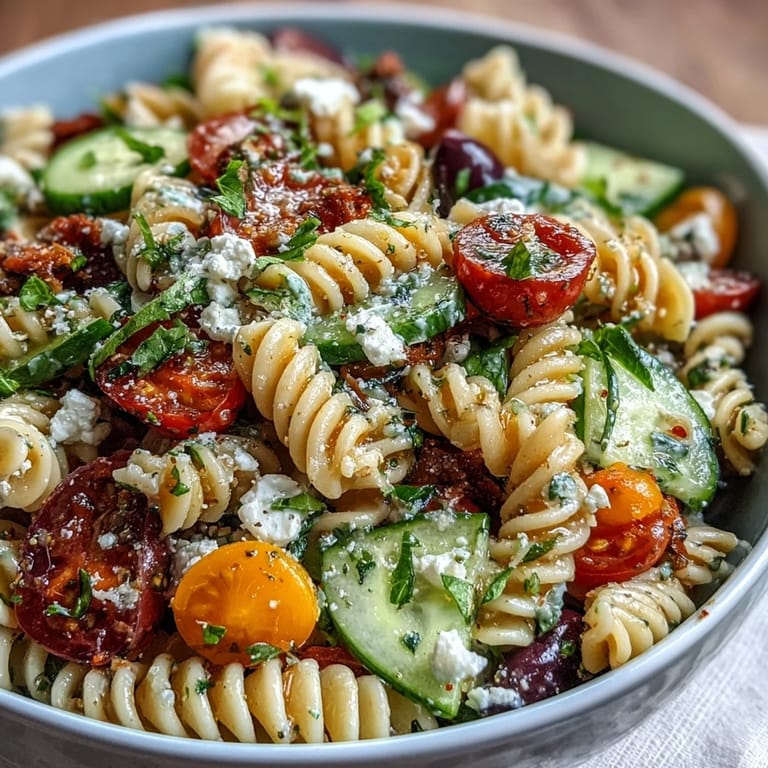 Easy Picnic Pasta Salad with Italian Dressing, loaded with cherry tomatoes, cucumbers, and olives, makes a bright, chilled side for outdoor dining.