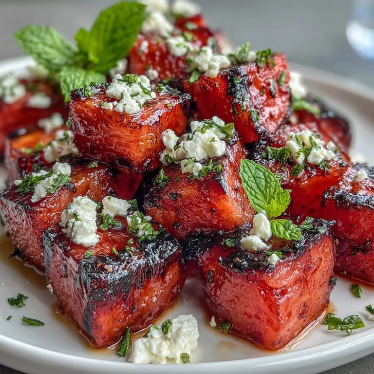 Sweet grilled watermelon paired with salty feta, fresh mint, and peppery arugula, a refreshing Mediterranean salad perfect for barbecues.