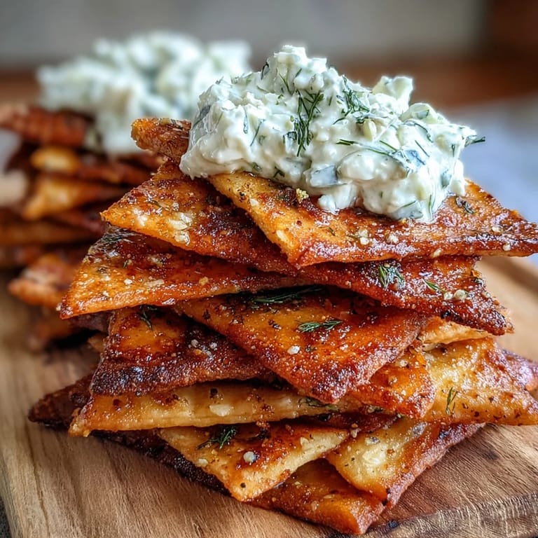 Crispy pita chips paired with a smooth, herby tzatziki — a healthy and satisfying vegetarian appetizer.