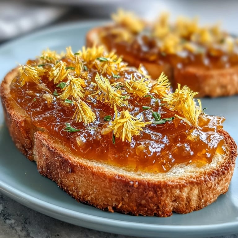 Delicate dandelion jelly with a honey-like taste, perfect for spreading on warm, buttered bread.