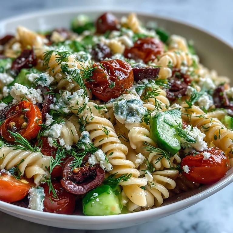 Vibrant Greek pasta salad with cherry tomatoes, red onion, and feta, ideal for picnics and BBQs.