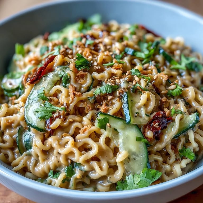 Refreshing cold sesame noodle bowl with crisp cucumber, julienned carrots, and fresh herbs in a tangy sesame dressing.