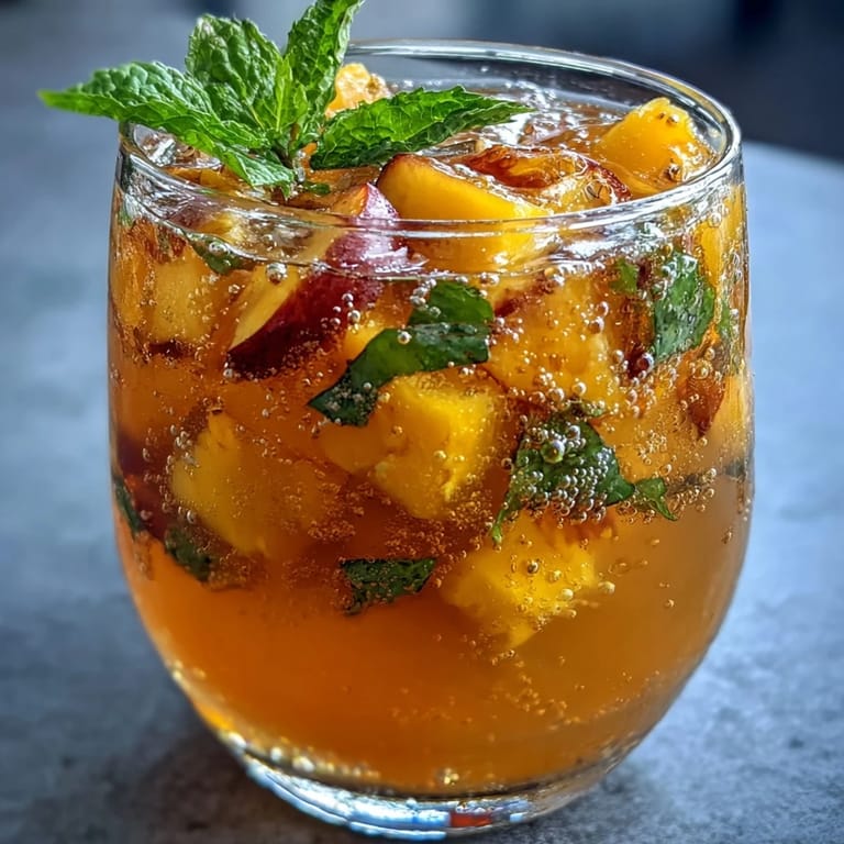 Vibrant summer drink featuring juicy mango, sweet peach, and sparkling tea, served over ice with mint leaves for a cool refreshment.