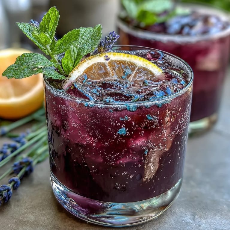A stunning lavender lemonade with butterfly pea flower tea, offering a floral twist on classic lemonade for warm days.