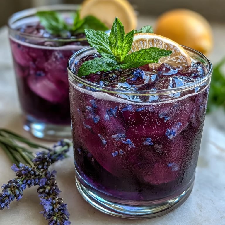 Purple Rain lavender lemonade refresher, combining sweet grape juice, lemon, and lavender for a refreshing, eye-catching drink.