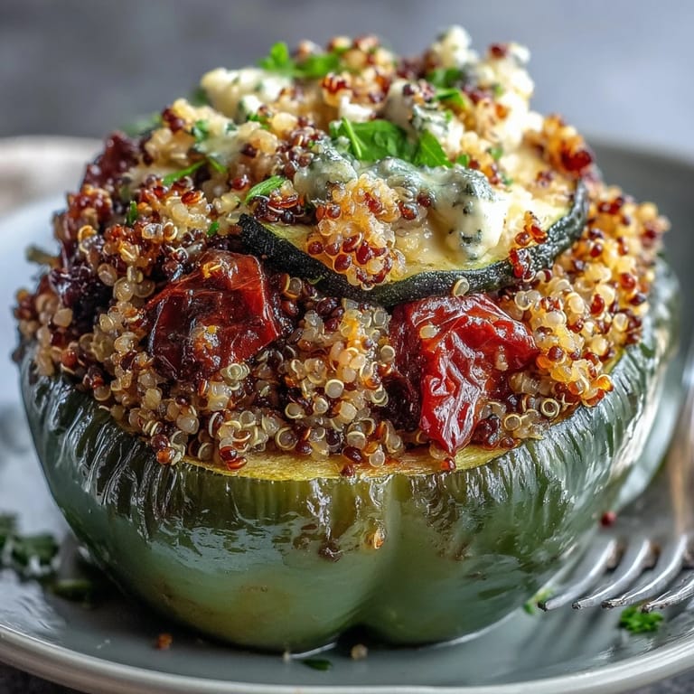 Healthy vegetarian meal of colorful bell peppers packed with quinoa, herbs, and melted goat cheese, perfect for dinner.