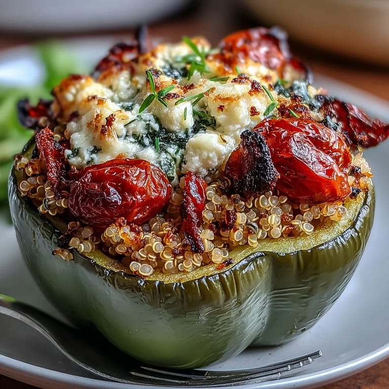 Mediterranean-inspired quinoa stuffed peppers featuring fluffy grains, fresh vegetables, and tangy goat cheese for a satisfying gluten-free dish.