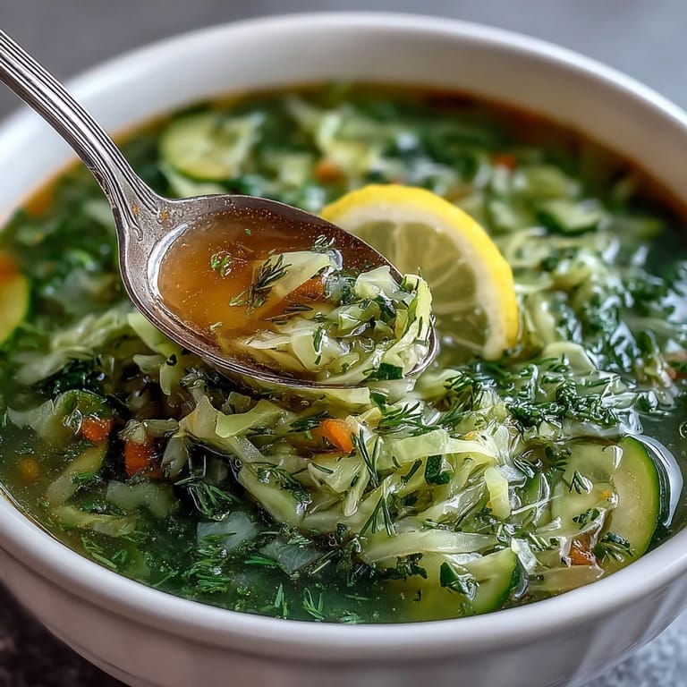 Bright green cabbage and zucchini float in a steaming bowl of detox soup, garnished with fresh parsley and lemon wedges.