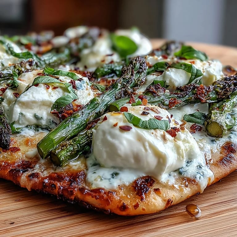 Delicious flatbread featuring tender roasted asparagus with burrata and a bright lemon zest finish.