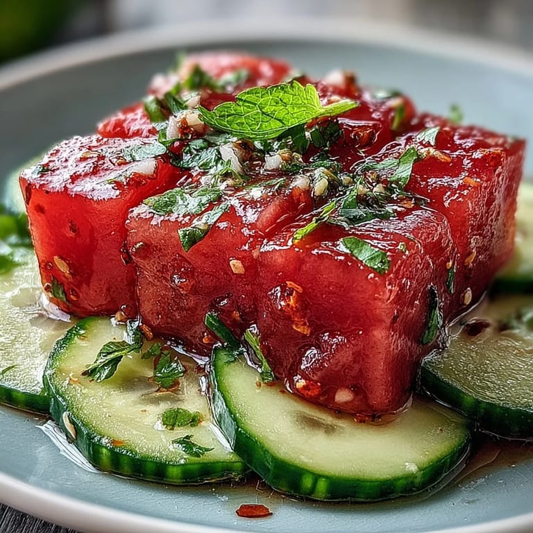 Bright, cooling watermelon cucumber salad, a perfect side for any grilled meal.