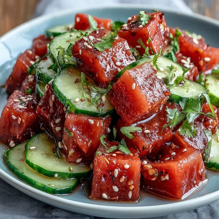 Juicy watermelon cucumber salad, lightly seasoned with lime and chili, incredibly refreshing.