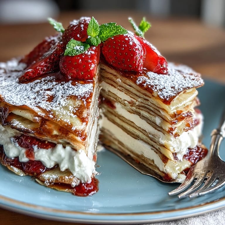 Elegant Mother's Day Crêpe Cake, adorned with fresh strawberries and powdered sugar.