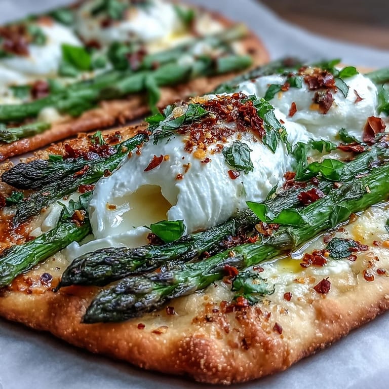 Vibrant roasted asparagus flatbread, showcasing melted burrata and fresh basil, ready for serving.