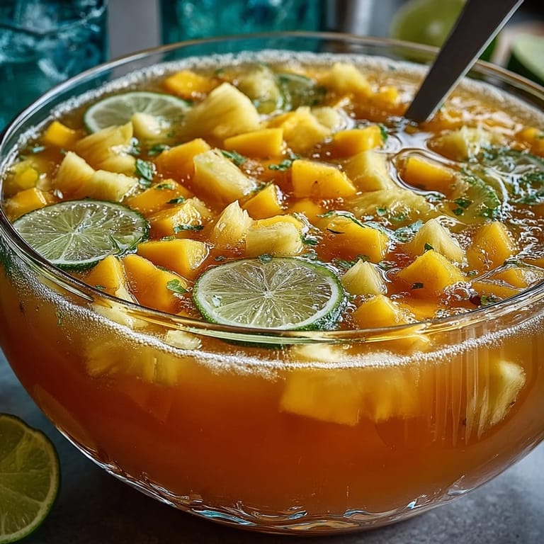 Overflowing Grad Party Punch, a celebratory mix of mango, pineapple, and fizz.
