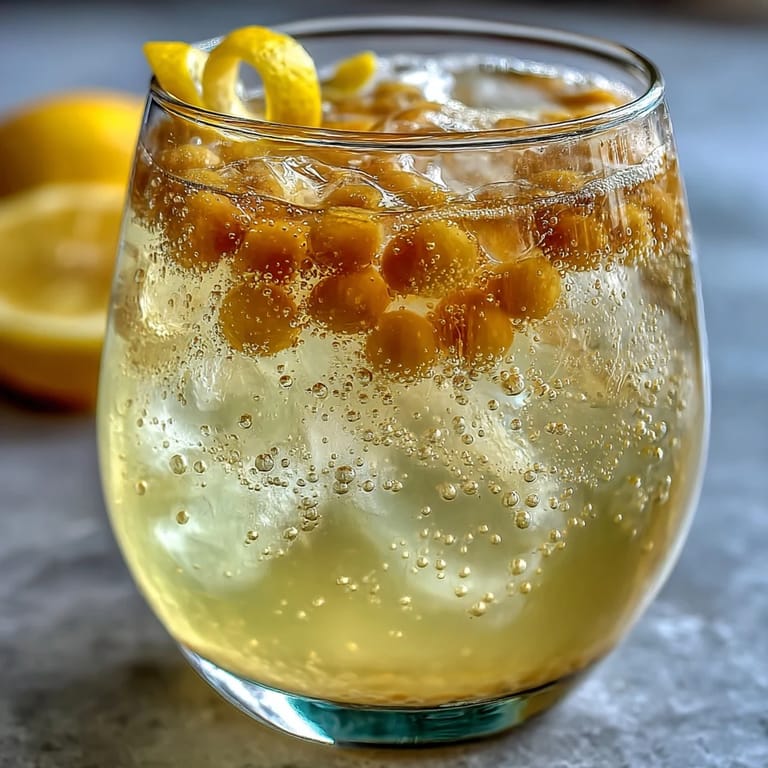 Chilled glass of tangy, probiotic-rich sparkling lemonade, served over ice with a sprig of fresh mint.  