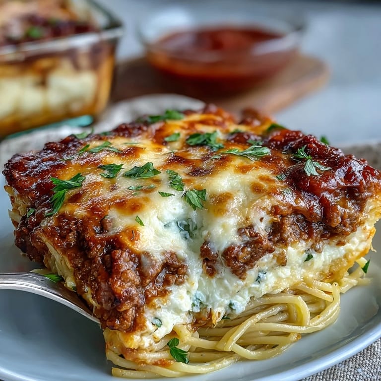 Creamy cheese mixture and hearty meat sauce nestled between spaghetti strands, topped with melted mozzarella and Parmesan.