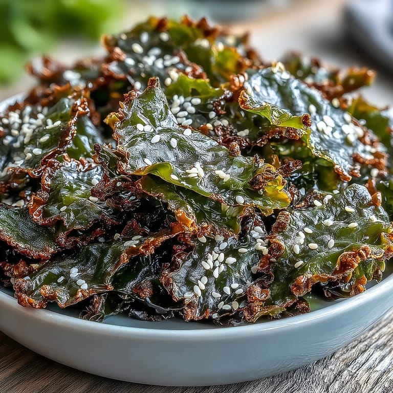 Golden-brown seaweed snack chips sprinkled generously with toasted sesame seeds.