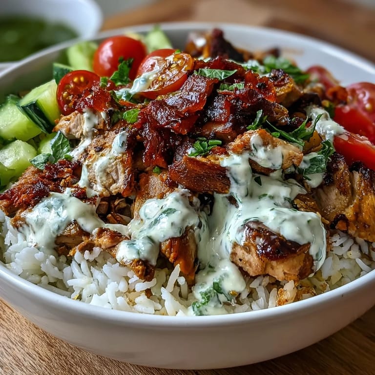 Colorful Middle Eastern Shawarma Bowl, topped with creamy tahini sauce and fresh herbs.