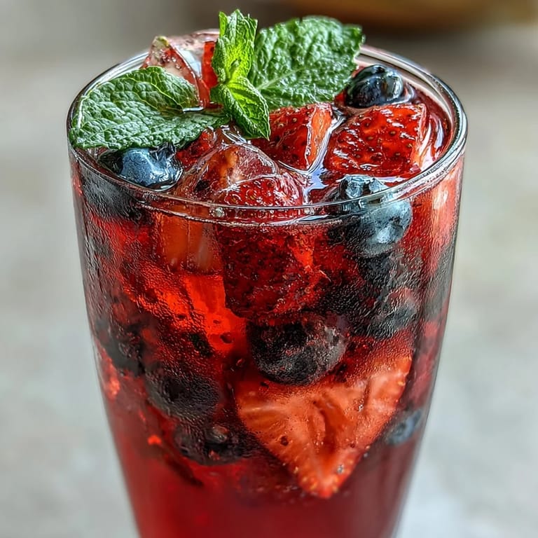 Beautifully chilled hibiscus berry tea, garnished with mint, perfect for a hot day.