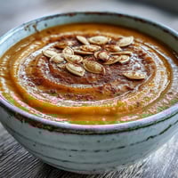 A warm bowl of creamy Butternut Squash and Apple Soup garnished with thyme and pumpkin seeds.