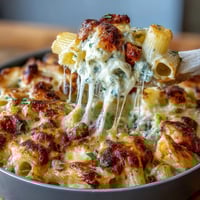 One-Pot Cheesy Pasta Bake with melted mozzarella and Parmesan in a rich tomato sauce.