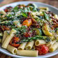 Spring Pasta Primavera with Fresh Veggies - vibrant dish of penne pasta tossed with crisp asparagus, zucchini, and cherry tomatoes, finished with Parmesan.