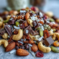 Homemade Trail Mix with Dark Chocolate featuring crunchy almonds, cashews, and sweet dried cranberries, perfect for on-the-go snacking.
