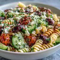 Greek-style summer pasta salad with olives, feta, and fresh vegetables, perfect for warm weather gatherings.  