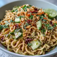 Cold sesame noodle bowl with cucumber, vibrant veggies, and creamy sesame sauce for a refreshing summer meal.