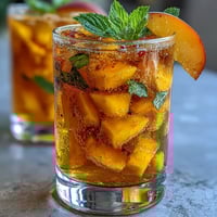 Refreshing mango peach sparkling tea with ripe fruit puree, chilled black tea, and bubbles, garnished with fresh mint and fruit slices.