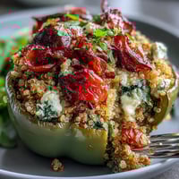 Vibrant quinoa stuffed bell peppers filled with roasted vegetables and creamy goat cheese, baked until tender and golden.