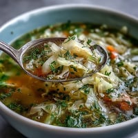 A vibrant bowl of Spring Detox Cabbage Soup with fresh vegetables and lemon slices, perfect for a light cleanse.