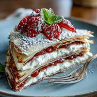 Mother's Day Crêpe Cake piled high with strawberry mascarpone, a showstopper.