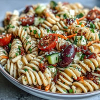 Colorful Memorial Day Pasta Salad with zesty Italian dressing looks refreshing.