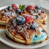 Vibrant Easter egg pancakes decorated with colorful glazes, sprinkles, and fresh fruit, perfect for a festive breakfast.