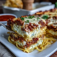 A bubbling baked spaghetti casserole layered with creamy Alfredo, rich meat sauce, and golden mozzarella for ultimate comfort.
