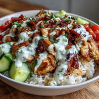 Middle Eastern Shawarma Bowl brimming with spiced chicken, fresh vegetables, fluffy rice.