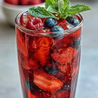 Vibrant iced hibiscus berry tea with fresh fruit, a refreshing summer beverage.